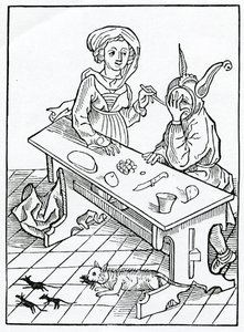Of adultery, and especially of those who are pimps to their wives, knowing and will not know, but keep counsel, for covetousness, and gains or advantage, illustration from Alexander Barclay
